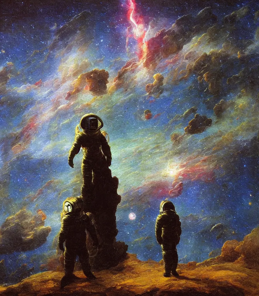 Image similar to an impasto oil painting of a futuristic astronaut with a black space suit gazing into a misty universe full of mystical colorful light nebulae and galaxie spainted by caspar david friedrich, light colors, impressionism