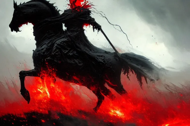 Image similar to a grim reaper, splattered with blood, riding a large black horse, with red glowing eyes, flowing red mane and tail, blackened clouds cover sky, crackling with lightning, a castle in distance burns, concept art by greg rutkowski, craig mullins, todd mcfarlane,