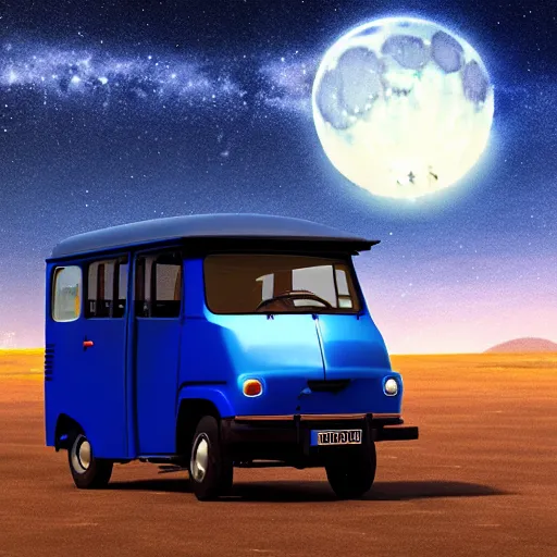 Prompt: a dark blue tuk tuk flying across the night sky, science fiction, milky way, moon, matte painting, concept art, 4k