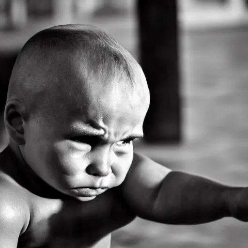 Prompt: huge muscles bodybuilder toddler, angry, ready to fight, clenched fists, red face, 2 years old, steroids, barrel chested, rippling muscles, huge veins, bulging muscles, ripped, award winning photography, high detail