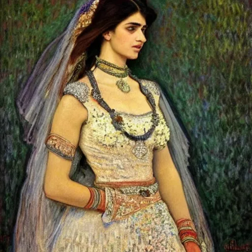 Image similar to full body portrait of a beautiful Kurdish bride wearing a beautiful wedding dress, very detailed eyes, hyperrealistic, beautiful and symmetrical face, very detailed painting by Claude Monet and Alphonse Mucha, trending on artstation, extremely high detail, incredibly intricate