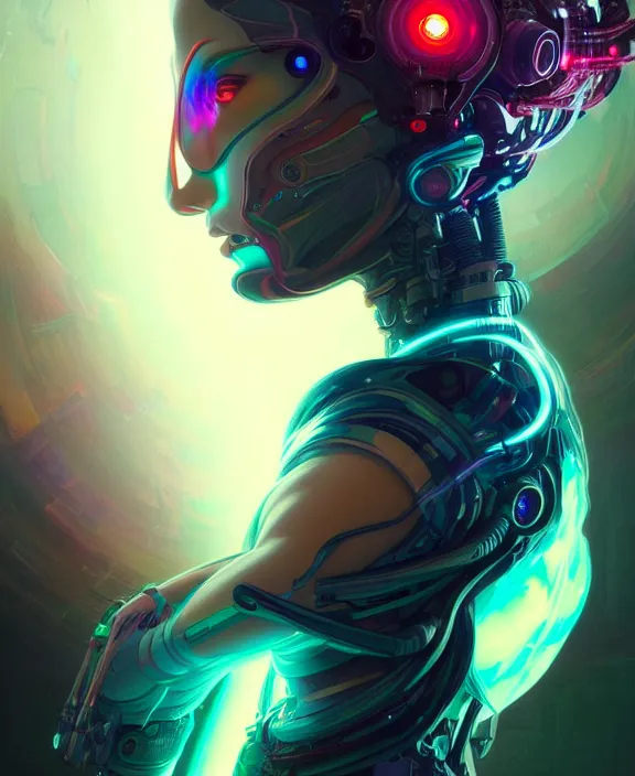 Image similar to a whirlwind of souls rushing inside the metaverse, half body, glowin eye, android, cyborg, cyberpunk face, by loish, d & d, fantasy, intricate, elegant, highly detailed, colorful, vivid color, digital painting, artstation, concept art, art by artgerm and greg rutkowski and alphonse mucha and ruan jia
