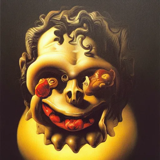 Image similar to oil painting with black background by christian rex van dali todd schorr of a chiaroscuro portrait of an extremely bizarre disturbing mutated man with acne intense chiaroscuro obscuring features lighting perfect composition masterpiece