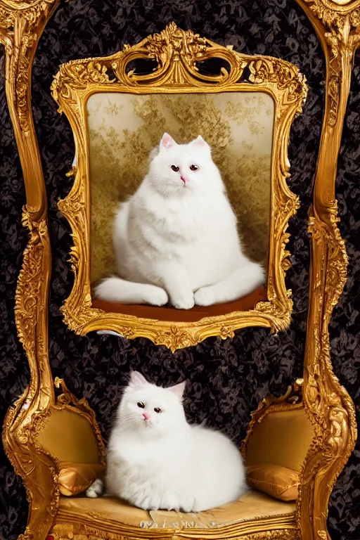 Image similar to a wet plate photo portrait of a magnificent fluffy fat royal cat on an embroidered velvet cushion on a neo - rococo gilded little bed, by david lachapelle, photorealistic, photography, wide shot