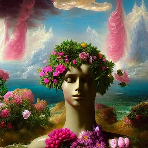 Image similar to award winning masterpiece with incredible details, a surreal melting vaporwave vaporwave vaporwave vaporwave vaporwave painting by Thomas Cole of an old pink mannequin head with flowers growing out, sinking underwater, highly detailed, reality is an illusion