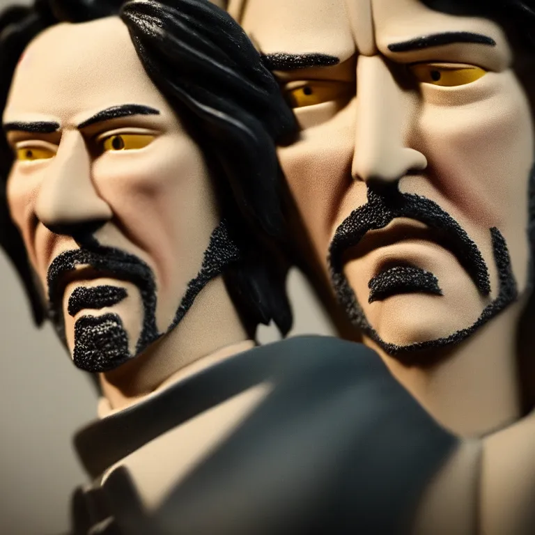 Image similar to a cinematic film still of a claymation stop motion film starring keanu reeves, portrait, shallow depth of field, 8 0 mm, f 1. 8