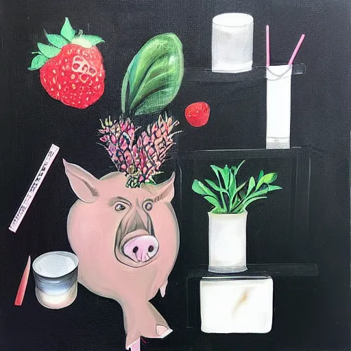 Image similar to “ a portrait in a female art student ’ s apartment, sensual, a pig theme, art supplies, paint tubes, ikebana, herbs, a candle dripping white wax, black walls, squashed berries, berry juice drips, acrylic and spray paint and oilstick on canvas, surrealism, neoexpressionism ”