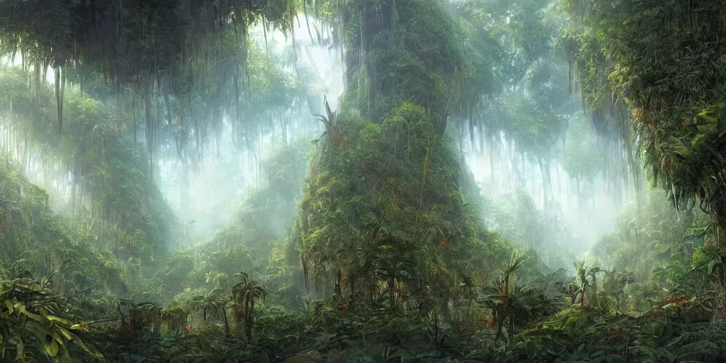 Image similar to Artwork of the Cinematic view of The Glittery Jungles by John Howe, Trending on artstation, Glittery