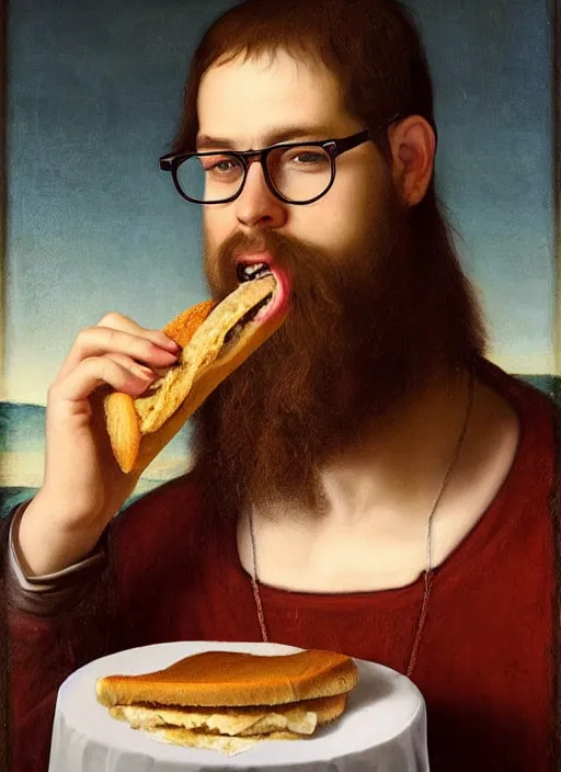 Prompt: realistic portrait of tiktoker danny mondello eating a sandwich, guy with glasses long brown hair and a trimmed tight goatee, renaissance portrait painting, greg rutkowski, beautiful light