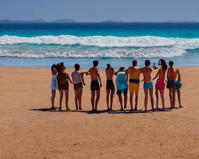 Prompt: a group of people standing on top of a sandy beach, a stock photo by demetrios farmakopoulos, shutterstock contest winner, verdadism, stockphoto, stock photo, photo taken with ektachrome