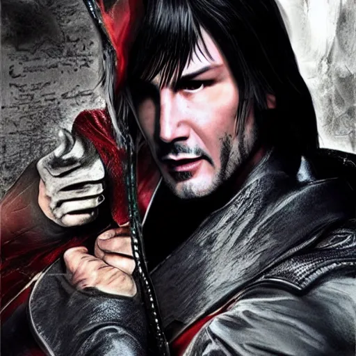 Image similar to Fusion of Dante from Devil May Cry and Keanu Reeves, film still, photorealistic