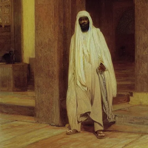 Image similar to a man with somali facial features, long curly hair, inside a masjid, by frederick arthur bridgman