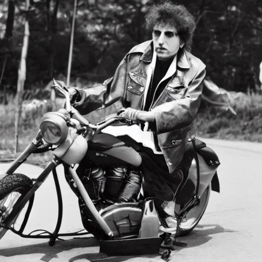 Image similar to bob dylan on a motorbike with his guitar