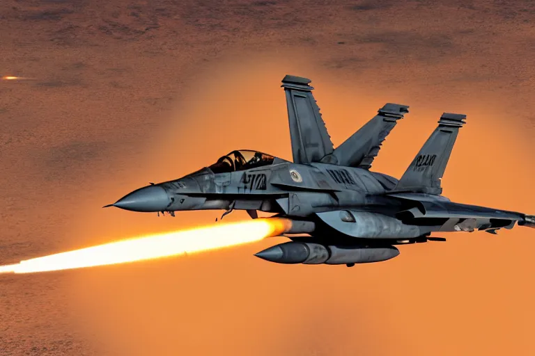 Image similar to a gritty hyperdetailed photorealistic f - 1 8 hornet ground attack aircraft shooting a missile at a small group of vehicles in the desert, volumemetric lighting, cinematic framing, cinematatic lighting, cinematic shadows, in the style of top gun maverick