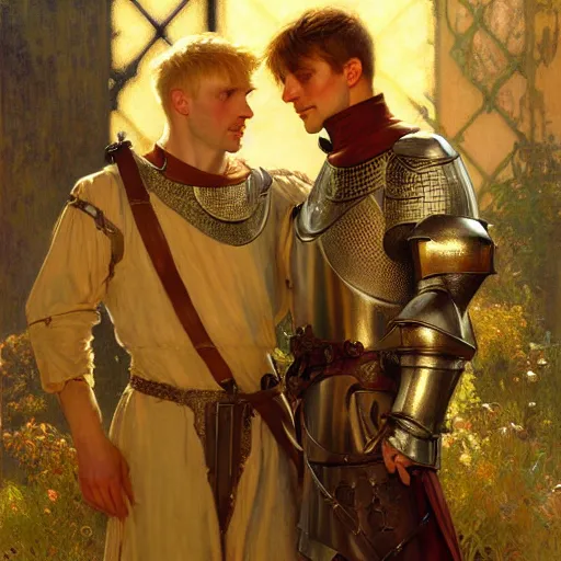 Image similar to attractive arthur pendragon and his attractive male knight, they are in love, natural lighting, path traced, highly detailed, high quality, digital painting, by gaston bussiere, craig mullins, alphonse mucha j. c. leyendecker