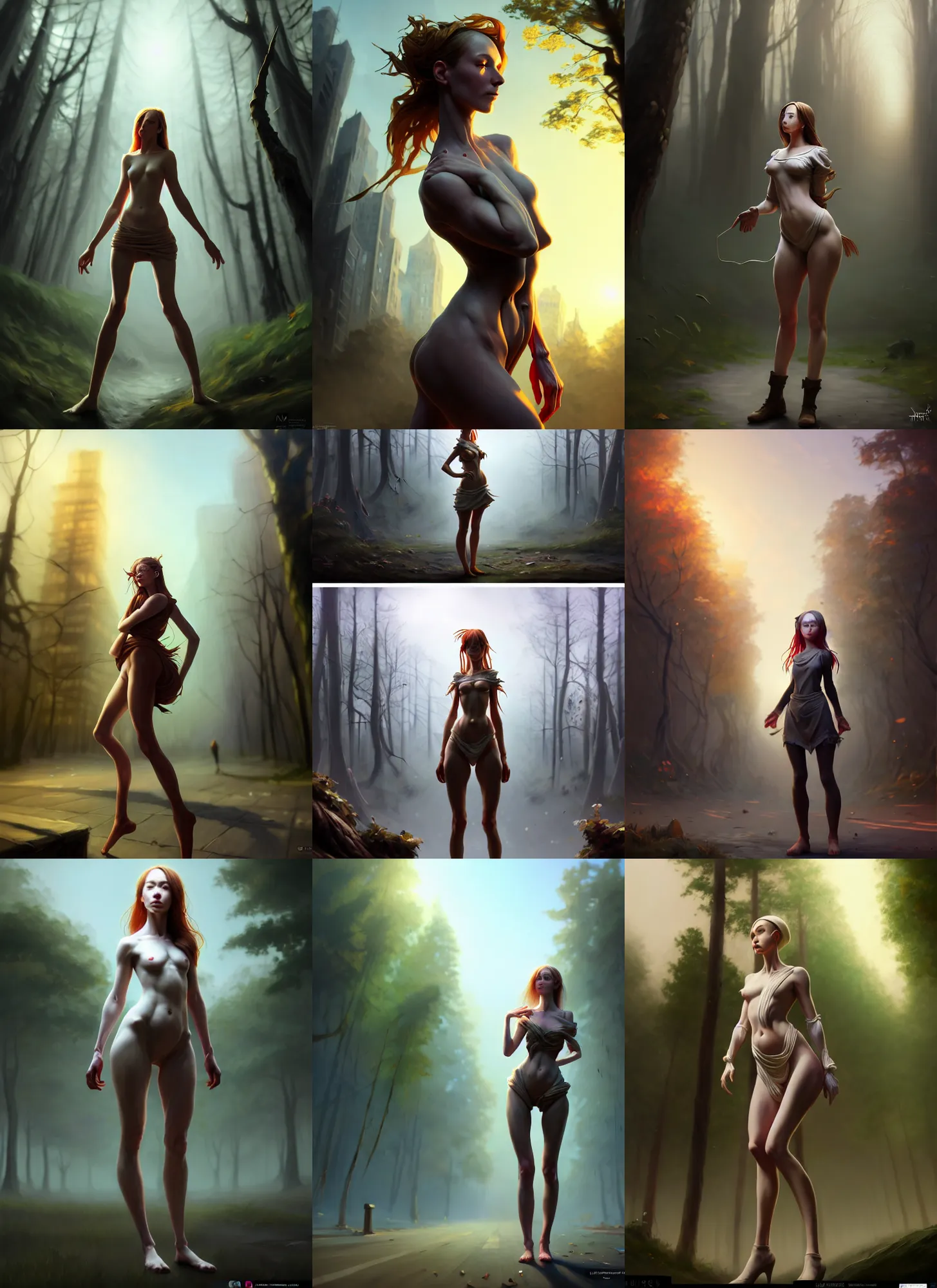 Prompt: artist reference pictures pose, anatomy skills,sophisticated composition, old masters light composition, procedurally generated, epic anthropomorphic spirit girl character posing for concept art, forest city streets behind her, costume design from mazda designers, substance designer, PBR, HD, Ultra detailed, hyperrealistic, megascans, volumetric light, concept by master artist, made in paint tool SAI2, trending pixiv face
