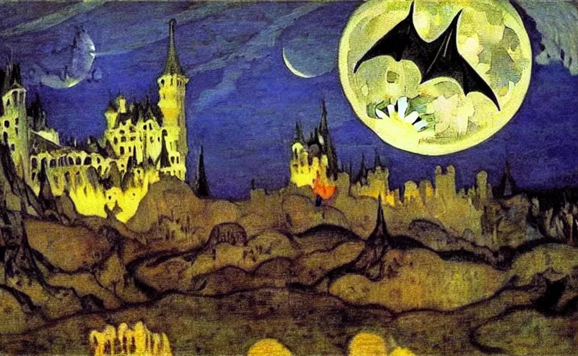 Image similar to oil painting by mikhail vrubel, full moon, french gothic burning! castle, bats flying away from castle, blur, bokeh,