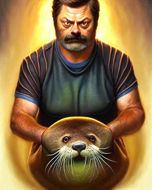 Image similar to detailed portrait of nick offerman as otter hybrid by tomasz alen kopera and peter mohrbacher and johanna martine! and margaret keane! coherent luminescent