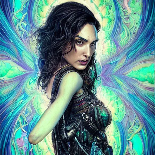 Image similar to portrait of gal gadot, hyper detailed masterpiece, neon floral pattern, jean giraud, digital art painting, darkwave goth aesthetic, psychedelic, artgerm, donato giancola and tom bagshaw