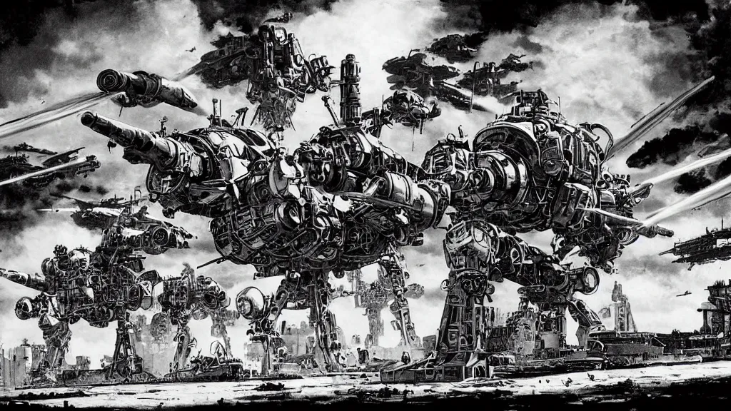 Prompt: Retro-futuristic mech launching missiles, WWII Japan, sci-fi illustrations, highly detailed, award-winning, dark, gritty, ink, defined lines