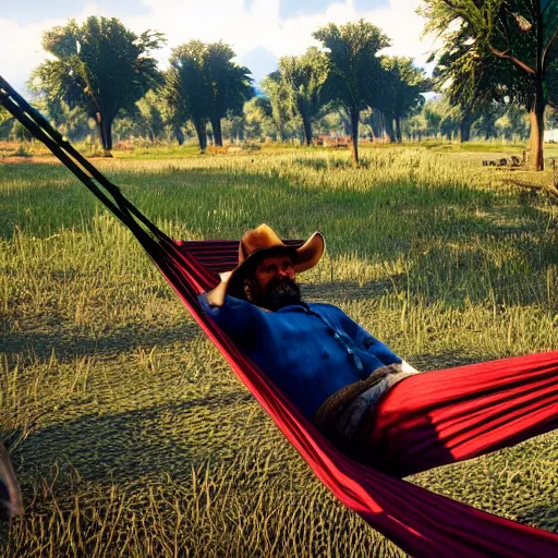 Image similar to Dutch from Red Dead Redemption 2 sleeping in a hammock, a field of mango trees in the background