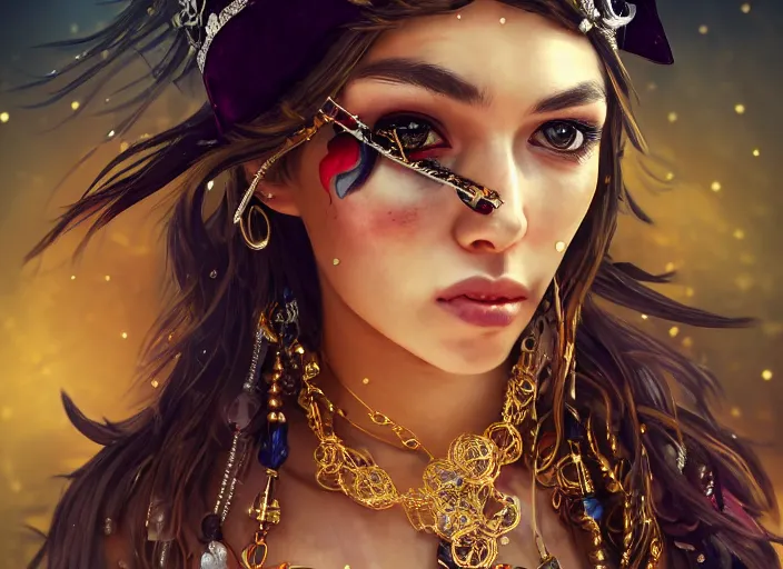Prompt: full body picture of a pirate girl, hard breathing, messy hair, very excited, sparkling eyes, front of the treasure box, jewels and gold on the background, coveted, beautiful and aesthetic and attractive and detailed face, specular reflection, occlusion shadow, intricate, bokeh, masterpiece, by ilya kuvshinov and ross tran and quentin mabille