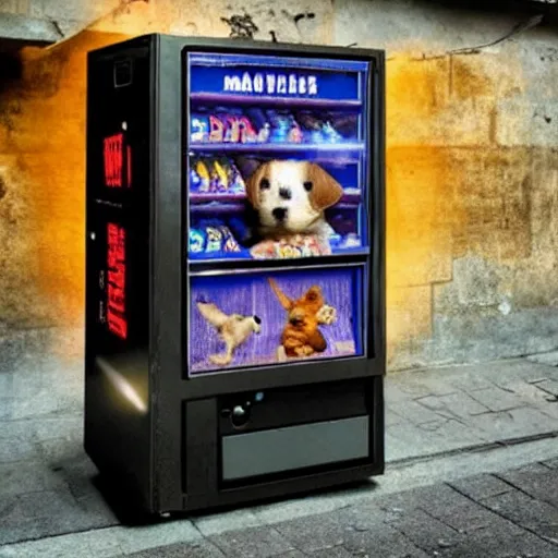 Image similar to in a dark alley at night a vending machine sells puppies only visible by the light from the vending machine.