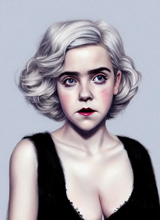 Image similar to full body portrait, kiernan shipka as sabrina spellman, white hair, obese, bangs, sultry, realistic, sultry smirk, fluffy bangs, curly bangs, fat, belly, intricate, elegant, highly detailed, digital painting, artstation, concept art, smooth, sharp focus, illustration, art by wlop, mars ravelo and greg rutkowski