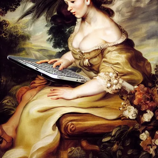 Prompt: heavenly summer sharp land sphere scallop well dressed lady working on her laptop auslese, by peter paul rubens and eugene delacroix and karol bak, hyperrealism, digital illustration, fauvist, looking at her imac laptop