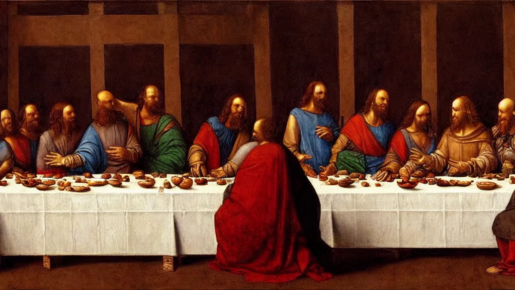 Image similar to mandalorian at the last supper, by leonardo davinci, concept art, oil painting, art station