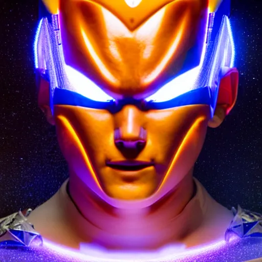 Image similar to uhd candid photo of cosmic mecha freiza powering up, glowing, global illumination, studio lighting, radiant light, hyperdetailed, correct face, elaborate intricate costume. photo by annie leibowitz