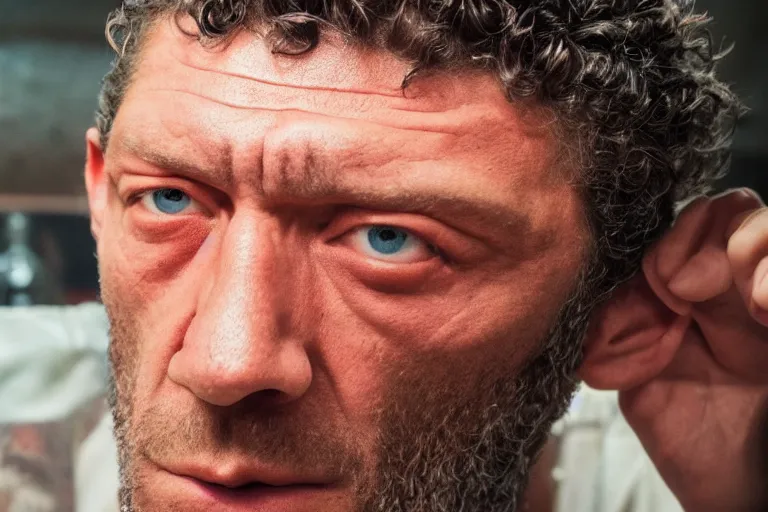 Prompt: close-up of Vincent Cassel in the new movie directed by Gaspar Noé, movie still frame, promotional image, symmetrical shot, idiosyncratic, relentlessly detailed, limited colour palette