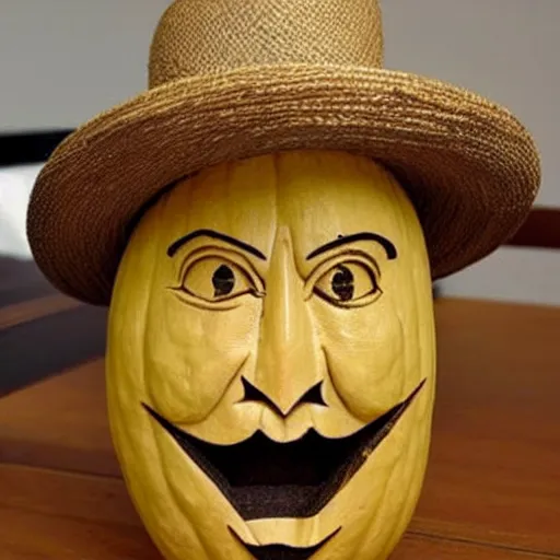 Prompt: gourd carved to look like the face of johnny depp