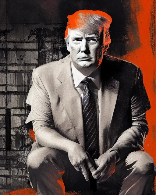 Prompt: a headshot portrait of Donald trump sitting on the floor of a filthy rat infested concrete jail, dimly lit, volumetric lighting, wearing a orange jumpsuit in jail by craig mullins, octane,