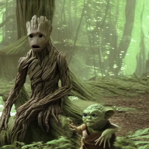 Image similar to Film still of Groot sitting with Yoda on Dagobah, from Star Wars The Empire Strikes Back (1980)