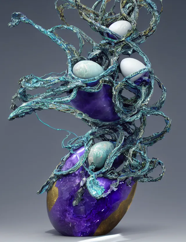 Image similar to a sculpture of a winged child made from blue and emerald and amethyst crystal geode formations with a marble egg with obsidian base with liquid gold tendrils flowing by ellen jewett by stanisław szukalski, octane render, byzantine, spirals, elestial crystals, geode,