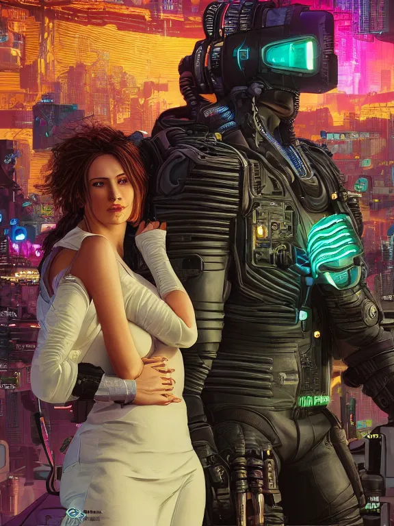 Image similar to a cyberpunk 2077 wedding portrait of Dwayne Johnson and a female android,complex mess of cables and wires behind them connected to giant computer, love,film lighting, by laurie greasley,Lawrence Alma-Tadema,William Morris,Dan Mumford, trending on atrstation, full of color, highly detailed,8K, octane,golden ratio,cinematic lighting