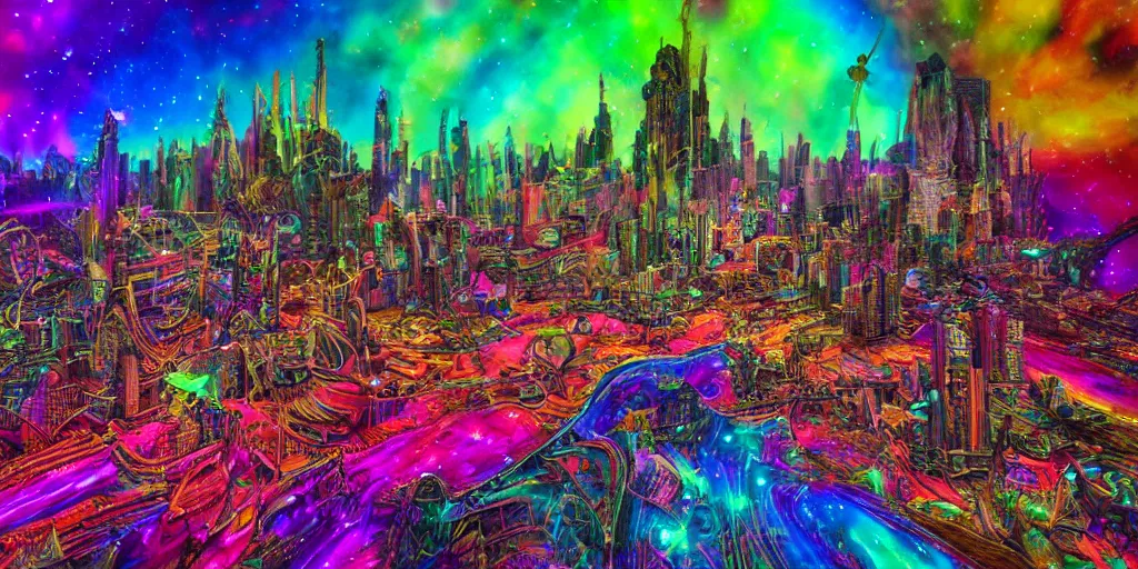 Prompt: proxima b psychedelic alien cityscape, light paint, macro, photorealistic, hyperrealistic, futuristic, in style of Lisa Frank, steampunk, cosmic, translucent, holographic, 32K, deep dream, rainbows, bright colors, high resolution, 4D, megapixel, UHD, HDR