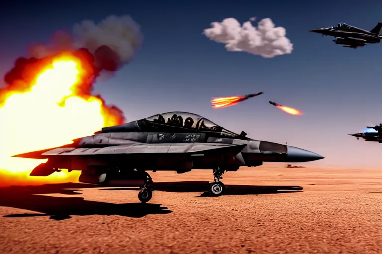 Image similar to a gritty hyperdetailed photorealistic f - 1 8 hornet ground attack aircraft shooting a missile at a small group of vehicles in the desert, volumemetric lighting, cinematic framing, cinematatic lighting, cinematic shadows, in the style of top gun maverick