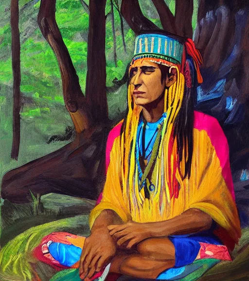 Image similar to Painting of a shaman dressed in a colorful traditional clothes. He is sitting in a forest next to a campfire, singing