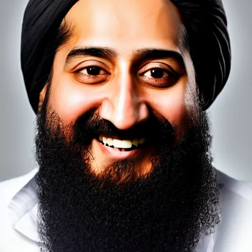 Prompt: profile picture photo of osama bin laden happily smiling, studio lighting, monochromatic background