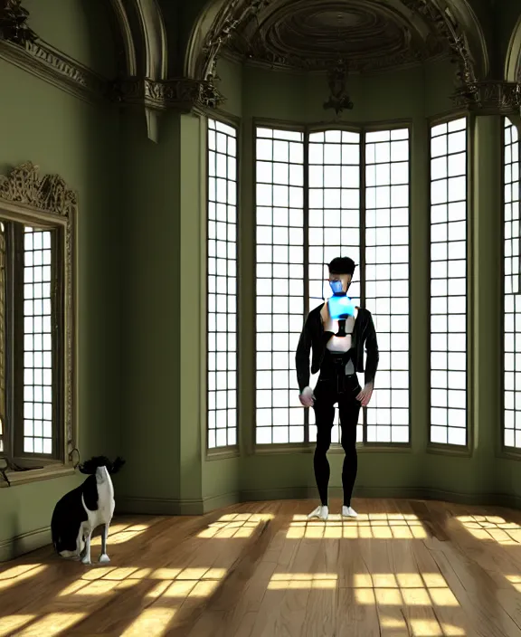 Prompt: androgynous male with black short hair and pale skin is standing in front of a mirror surrounded by victorian interior in a room with tall windows and moos green flooring. by leonardo da vinci, volumetric lighting, petspective room layout