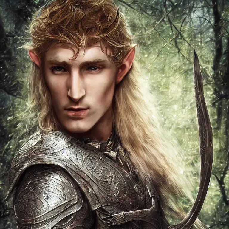 Prompt: elvish blonde male warrior, magical forest, lord of the rings style, realistic, full body, fantasy, sharp focus, 8 k high definition, character portrait, portrait, concept art, insanely detailed, intricate, elegant