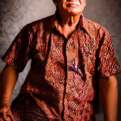 Image similar to A Portrait Photo of Trump wearing batik from Indonesia, award winning photography, sigma 85mm Lens F/1.4, blurred background, perfect faces