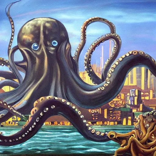 Image similar to oil painting of giant octopus ravaging metropolis