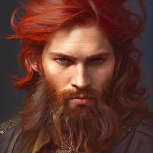 Image similar to portrait of a young rugged pirate, male, masculine, upper body, red hair, long hair, d & d, fantasy, intricate, elegant, highly detailed, digital painting, artstation, concept art, matte, sharp focus, illustration, art by artgerm and greg rutkowski and alphonse mucha