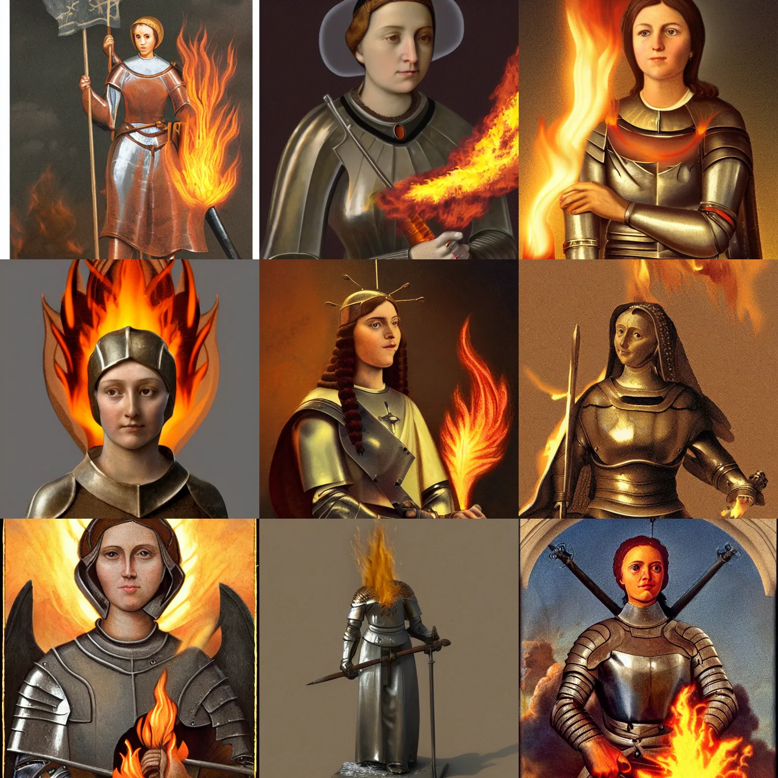 Prompt: Joan of Arc, holding a heavy fiery face, unreal render