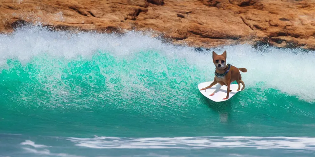 Image similar to chihuahua surfing tropical background waves focus photography 4k hyper realism surreal sunny beach