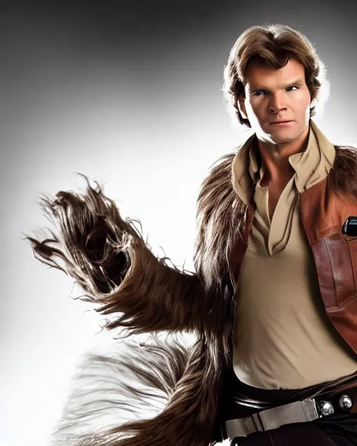 Prompt: photoshoot of han solo as a sexy thirty year old woman, female han solo, studio lighting, millennium falcon, chewbacca, photoshoot in the style of annie leibovitz