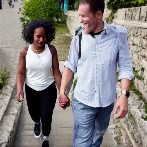 Prompt: a white guy and a black girl are walking hand in hand in serbia, belgrade